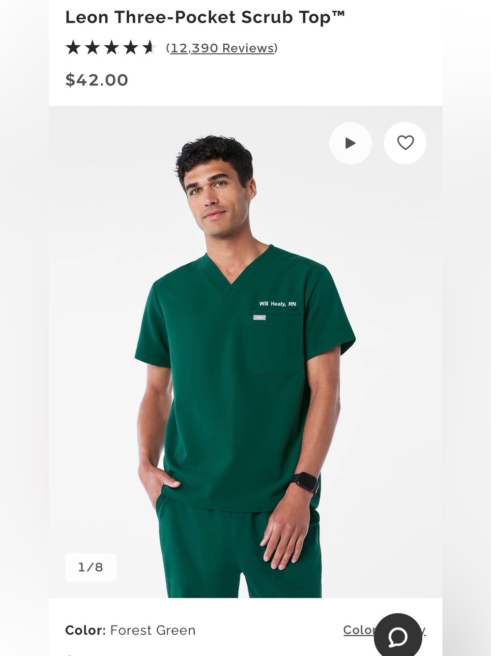 Men’s unisex Leon 3 pocket Forest Green Figs Scrubs top size medium